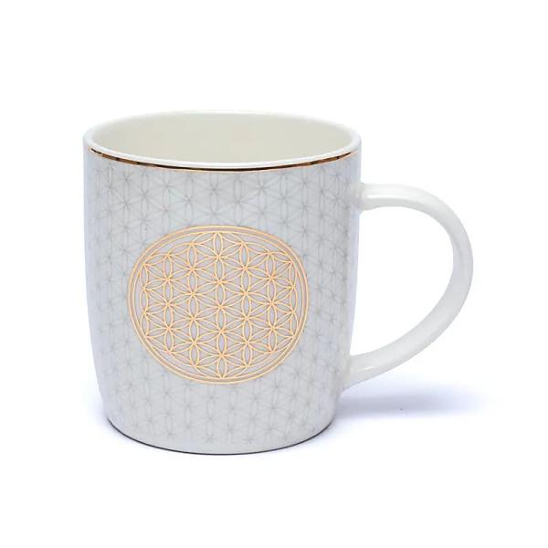 Teetasse mit Sieb „Blume des Lebens“ aus Bone China Porzellan