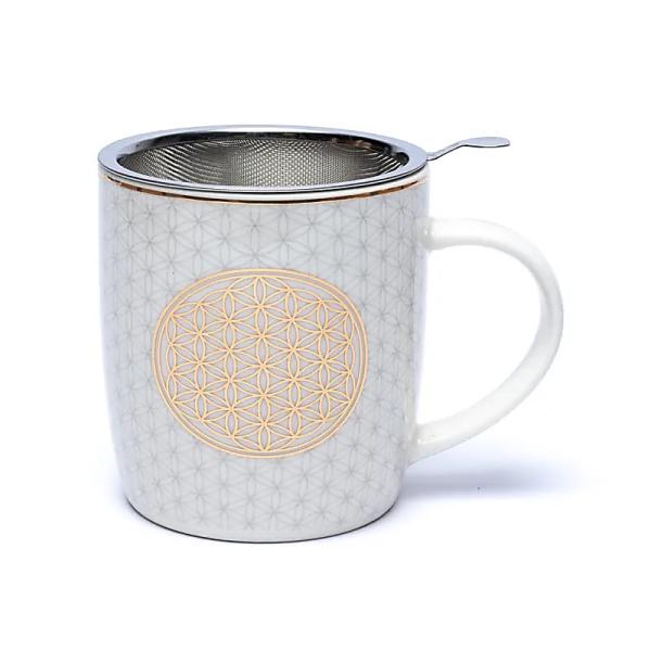 Teetasse mit Sieb „Blume des Lebens“ aus Bone China Porzellan